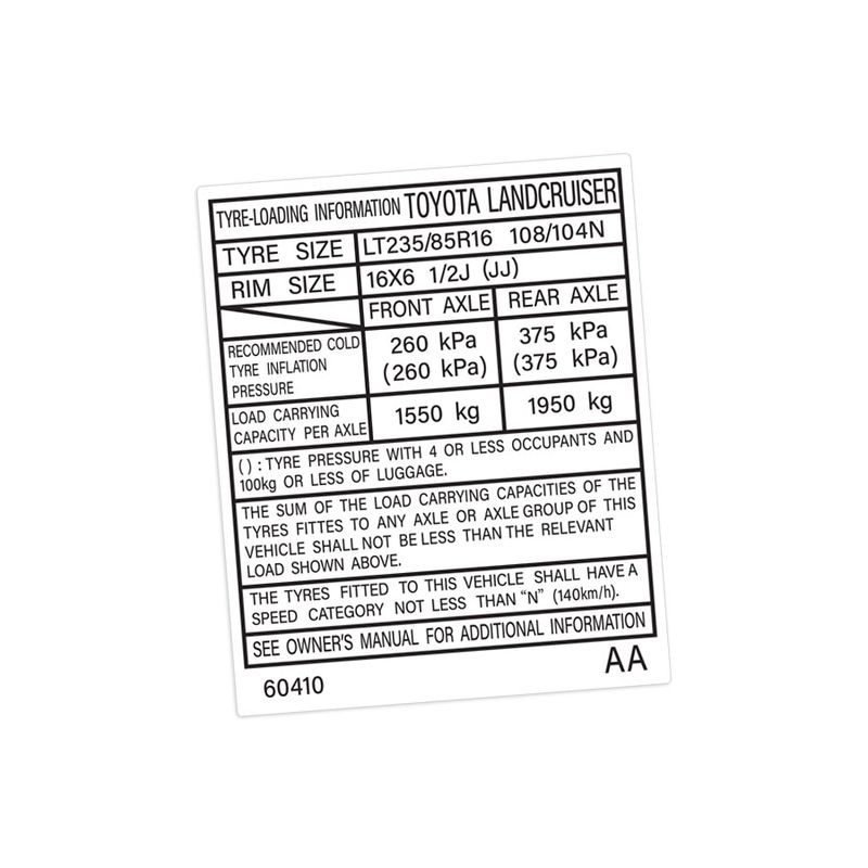 TYRE INFORMATION PLACARD : TOYOTA LANDCRUISER 100-SERIES (60410)