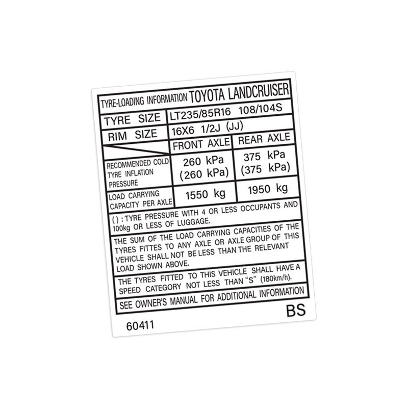 TYRE INFORMATION PLACARD : TOYOTA LANDCRUISER 100-SERIES (60411)
