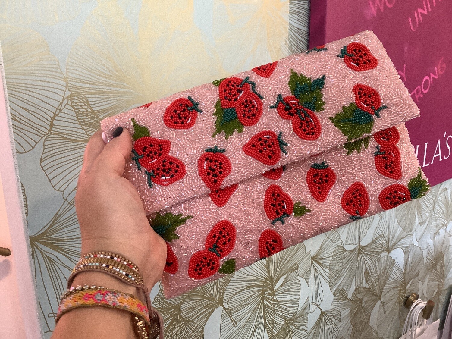 Hand-beaded pink strawberry clutch
