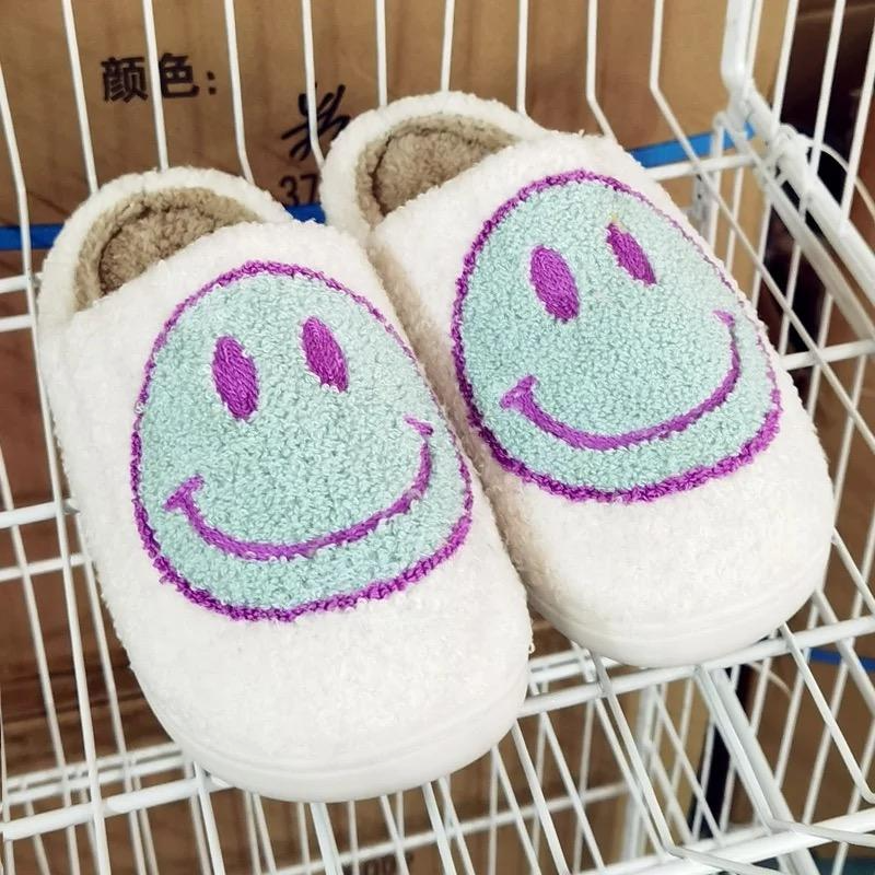 White and Teal Smiley Slippers