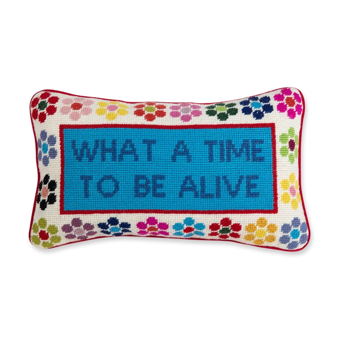 "What a time to be alive" needlepoint pillow