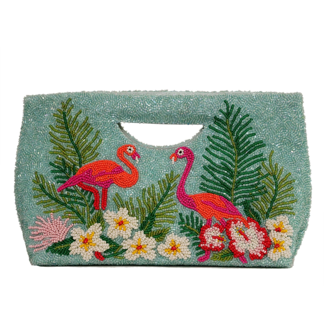 Flamingo hand-beaded cut-out clutch
