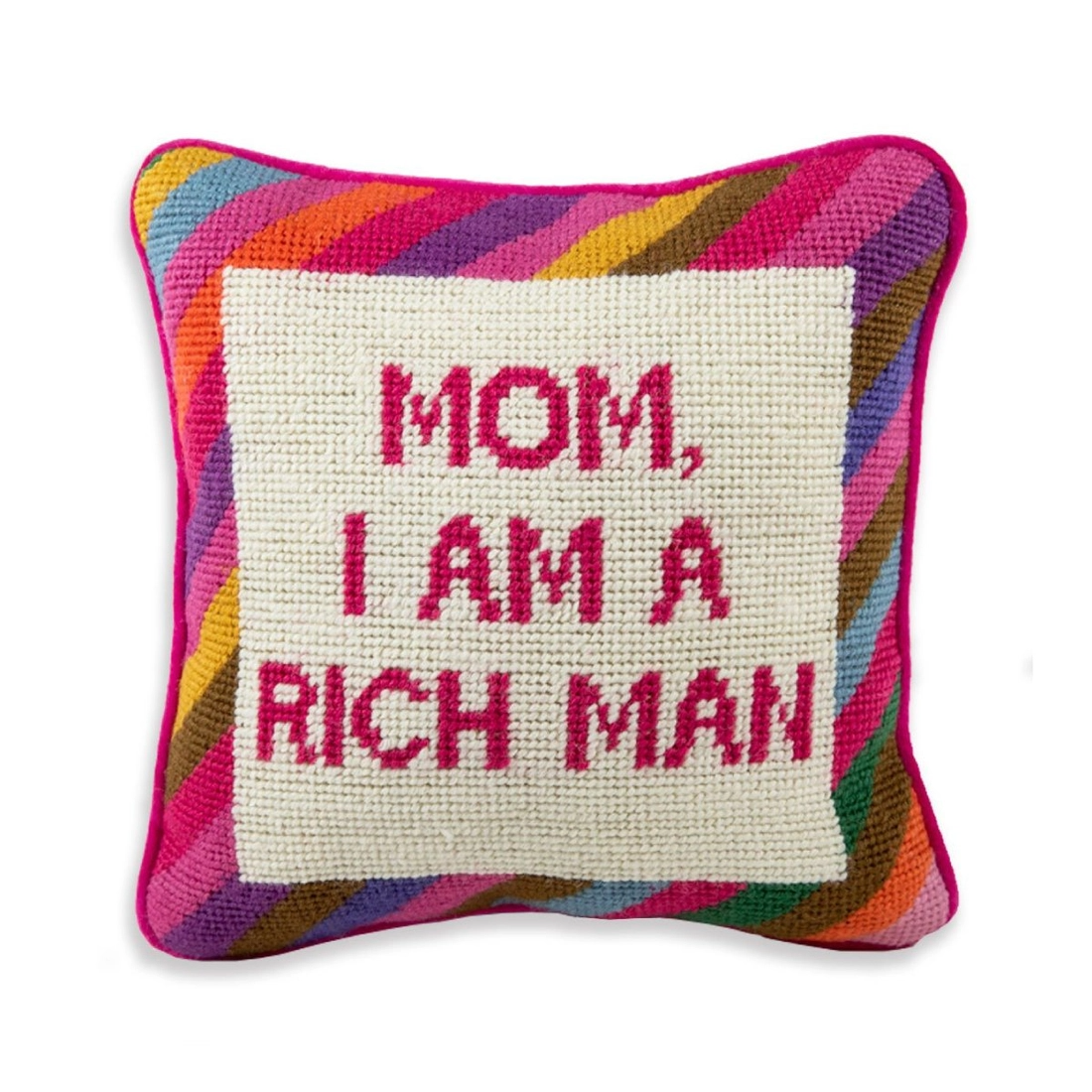 "Mom I’m a rich man" needlepoint pillow