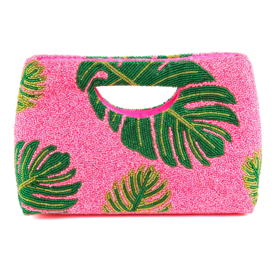 Pink palm hand-beaded cut-out clutch