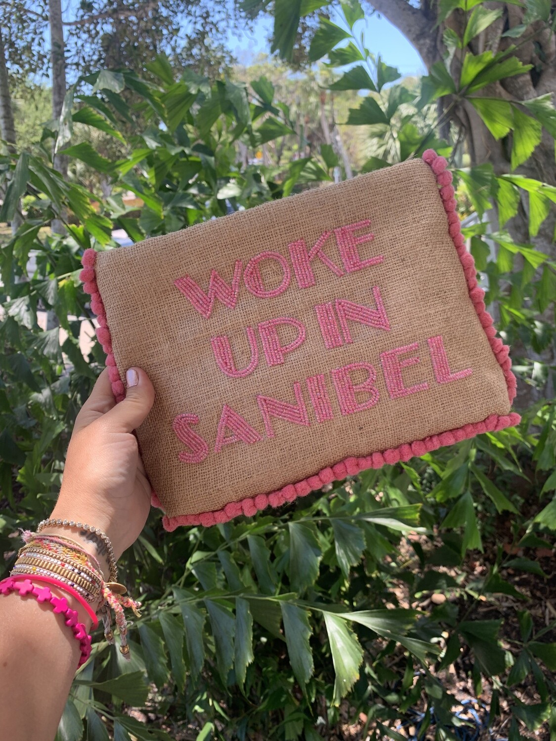 "Just woke up in Sanibel" hand-beaded jute clutch
