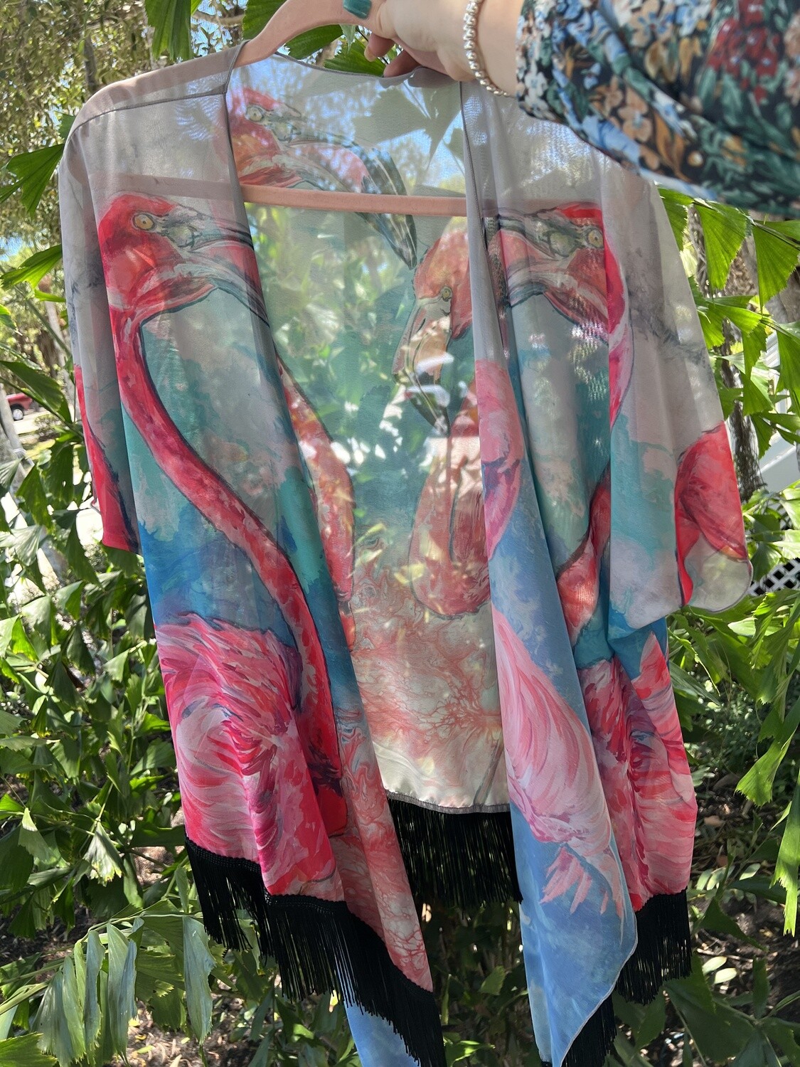 Rachel Pierce and Priscilla's exclusive flamingo kimono