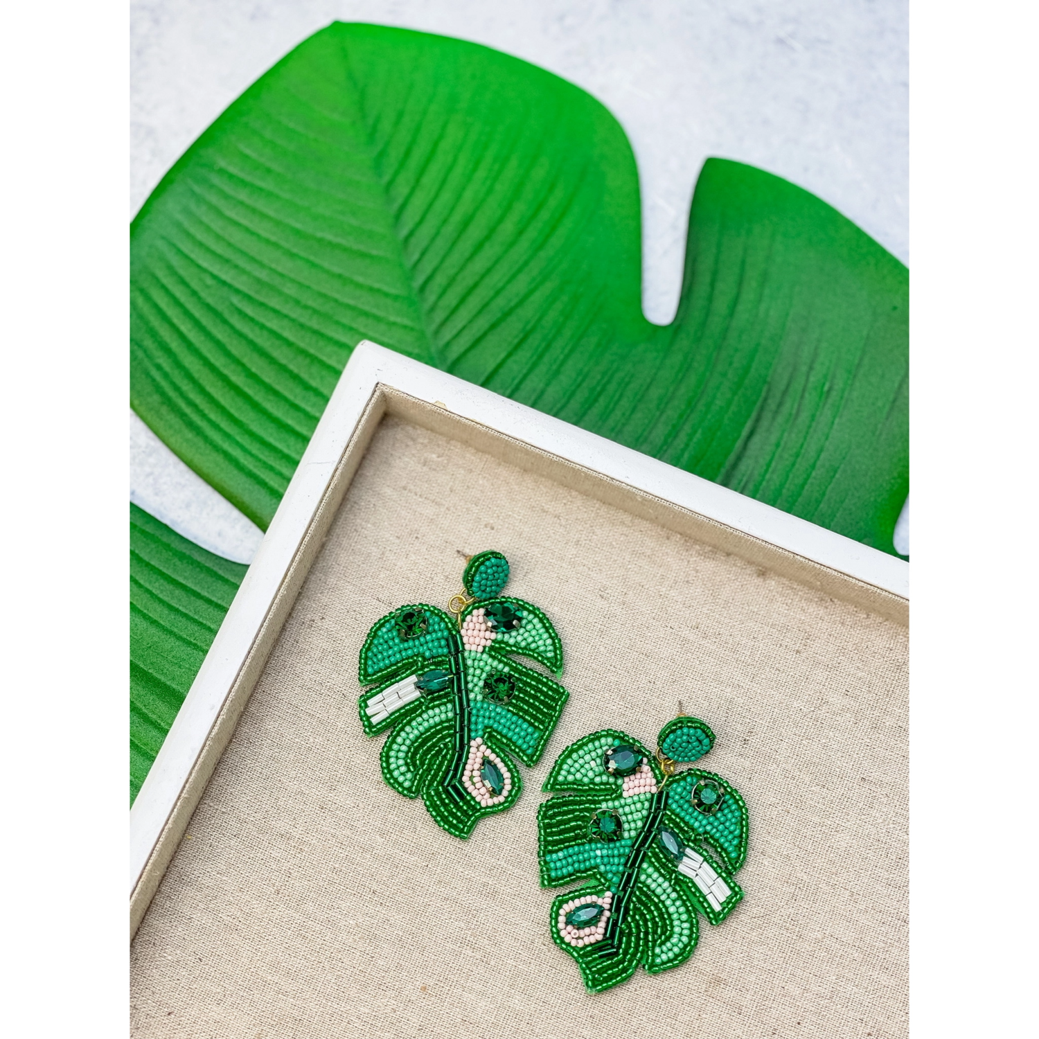 Green Beaded Palm Leaf Dangle Earrings