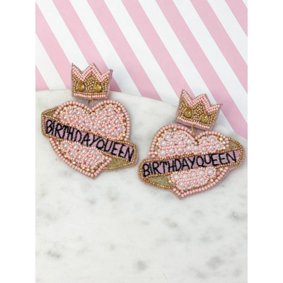 Pink Birthday Queen Beaded Heart Earrings