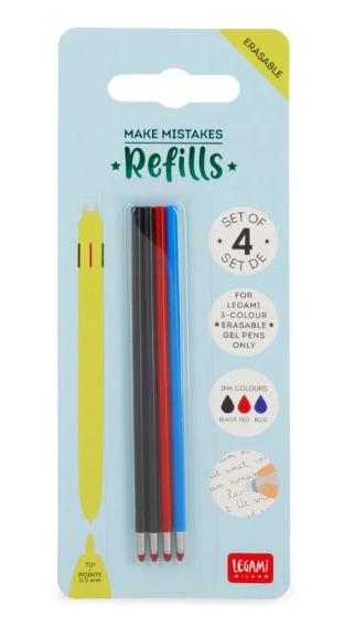 Legami - Set de 4 Recargas para Bolígrafo de Gel Borrable de 3 Colores