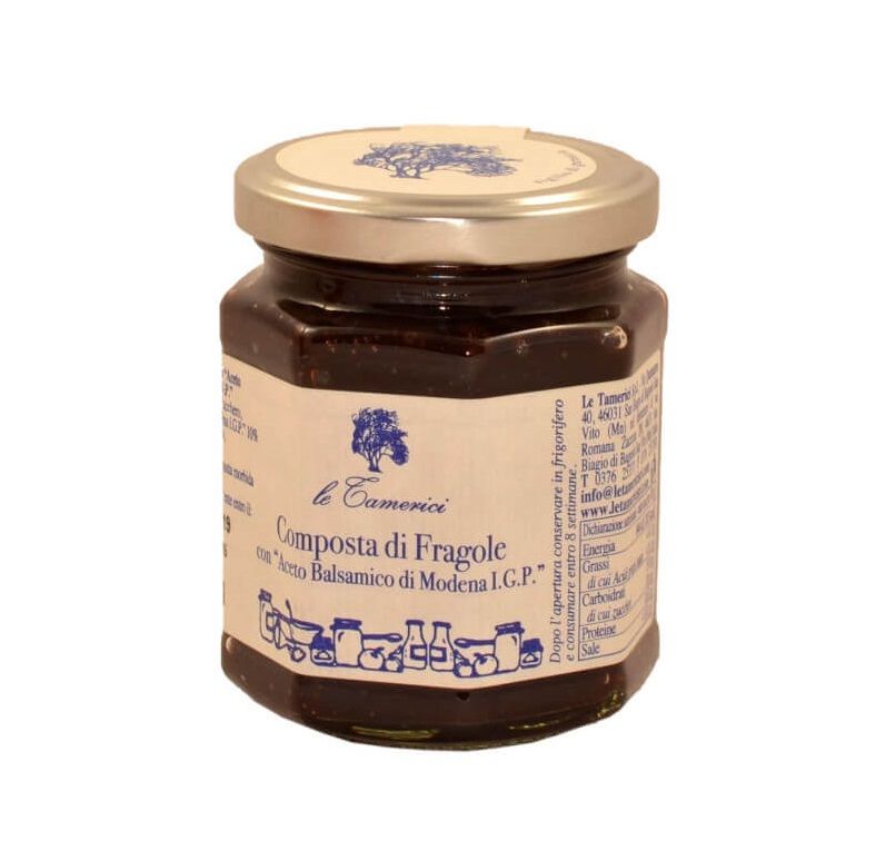 COMPOSTA DI FRAGOLE CON ACETO BALSAMICO DI MODENA I.G.P. 120GR LE TAMERICI COMPOSTA DI FRAGOLE CON ACETO BALSAMICO DI MODENA I.G.P. 120GR LE TAMERICI
