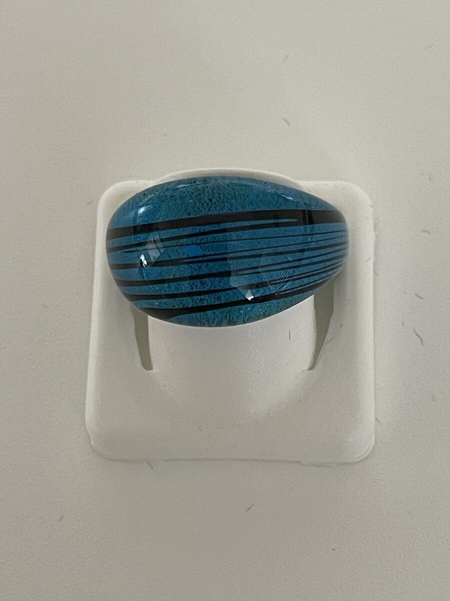Ring Murano domed, striped turquoise blue dark