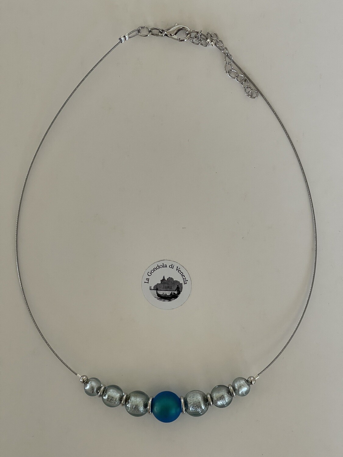 Necklace GdV 7 balls 14-12-10-8mm turquoise matt-silver grey