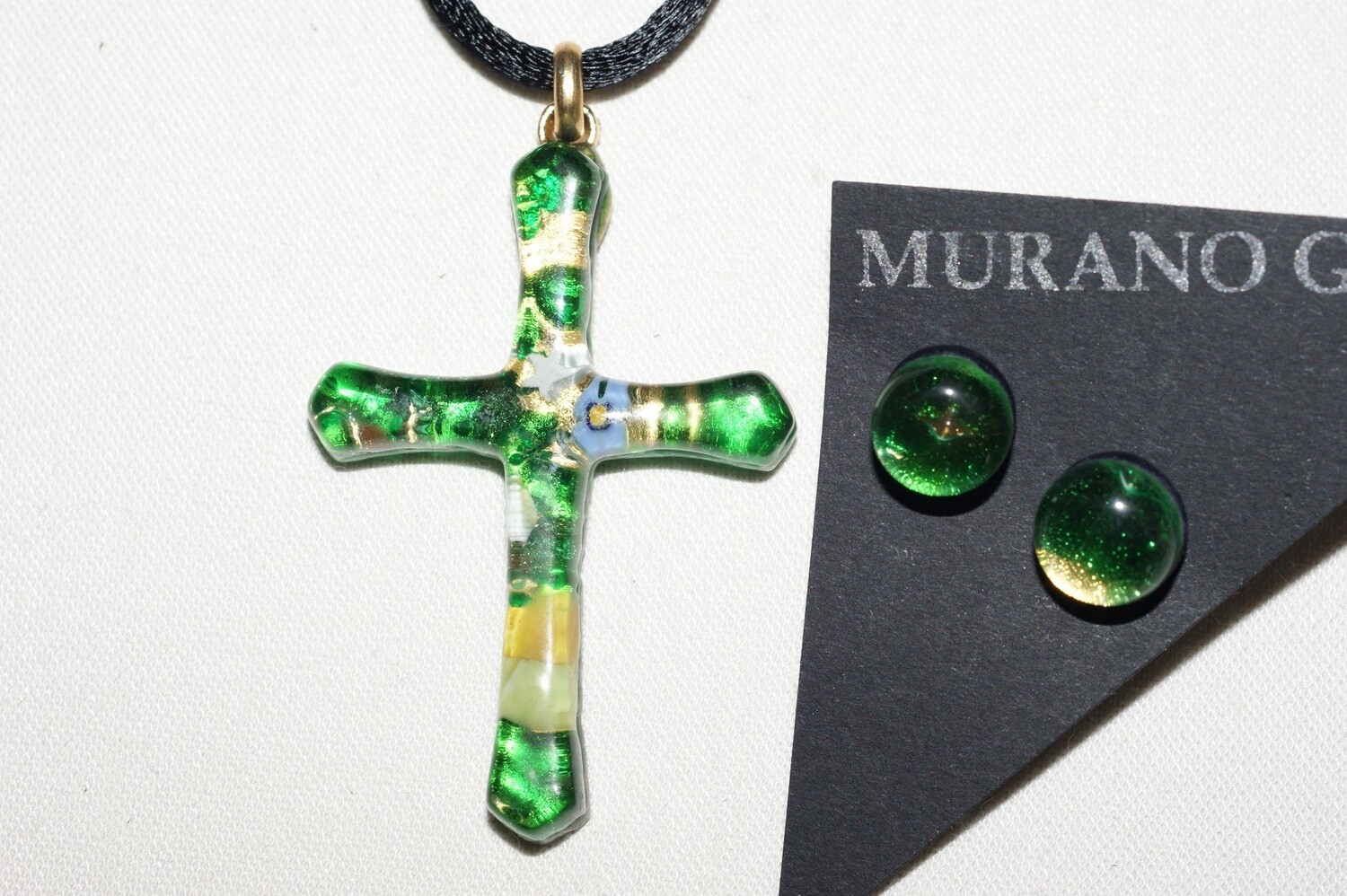 SET POA pendant cross + earrings gold-emerald green