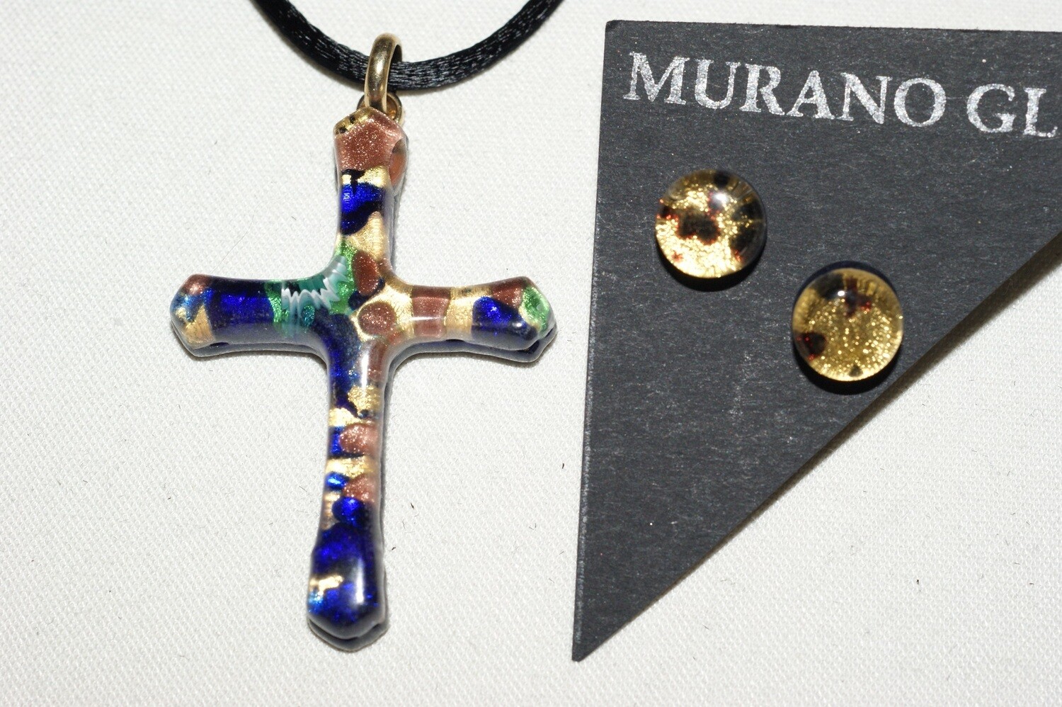 SET POA pendant cross + earrings gold/cobalt blue