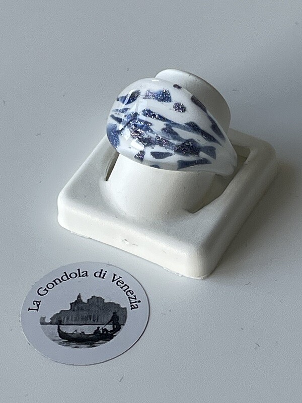 Ring Murano domed, white/aventurine blue