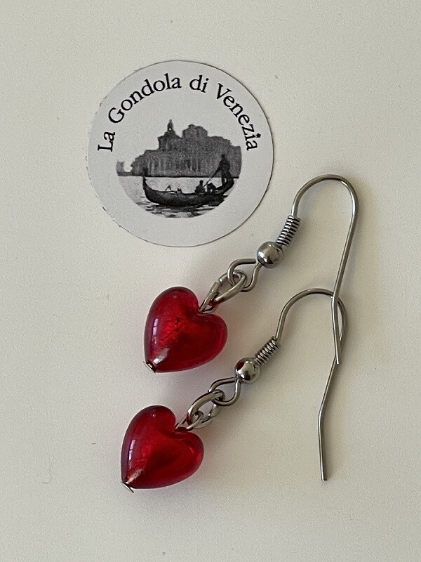 Earrings Murano heart 9mm fire red