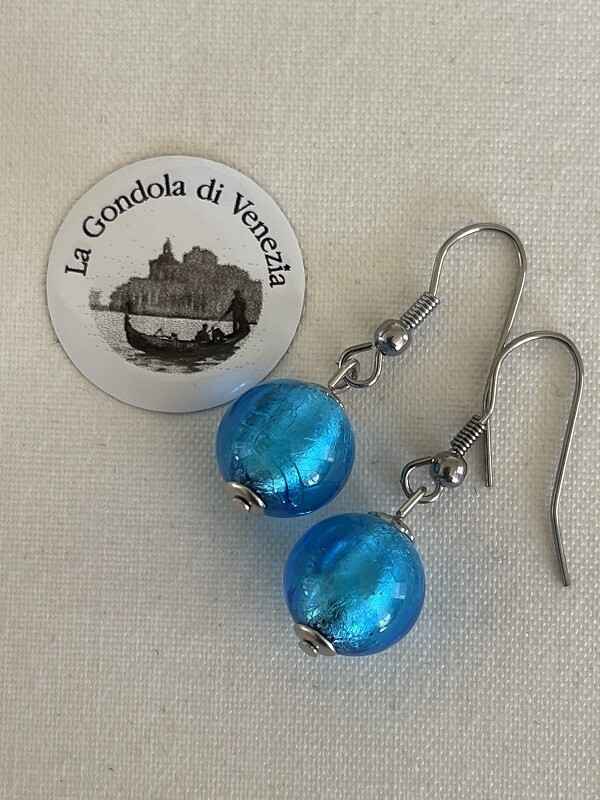 Earrings Murano ball 12mm  turquoise blue dark