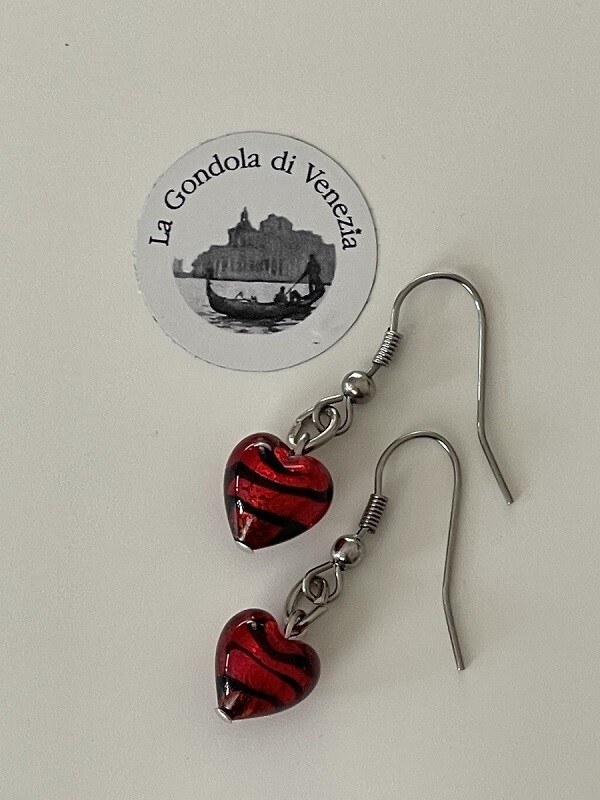 Earrings Murano heart 9mm  fire red black striped