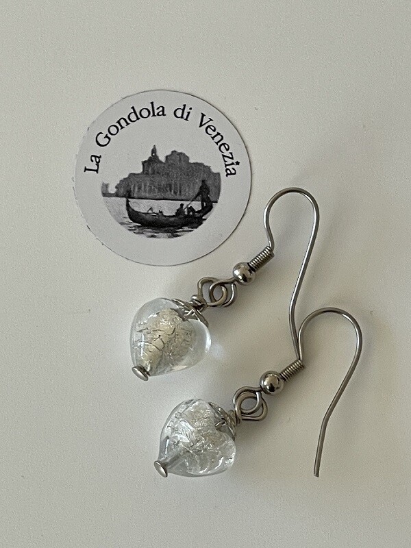 Earrings Murano heart 9mm  silver white