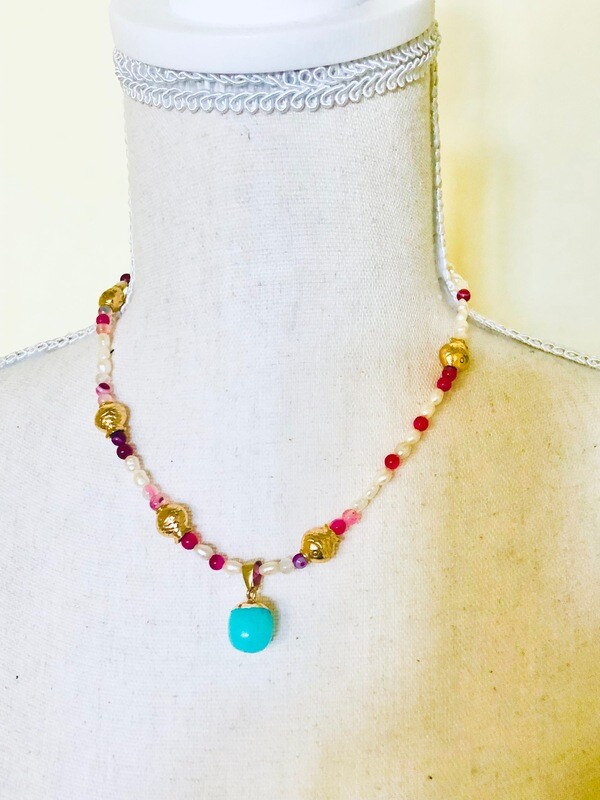 Kette mit Perlen und Edelsteinen 333 Gold Ösen Kette mit Perlen und Edelsteinen 333 Gold Ösen