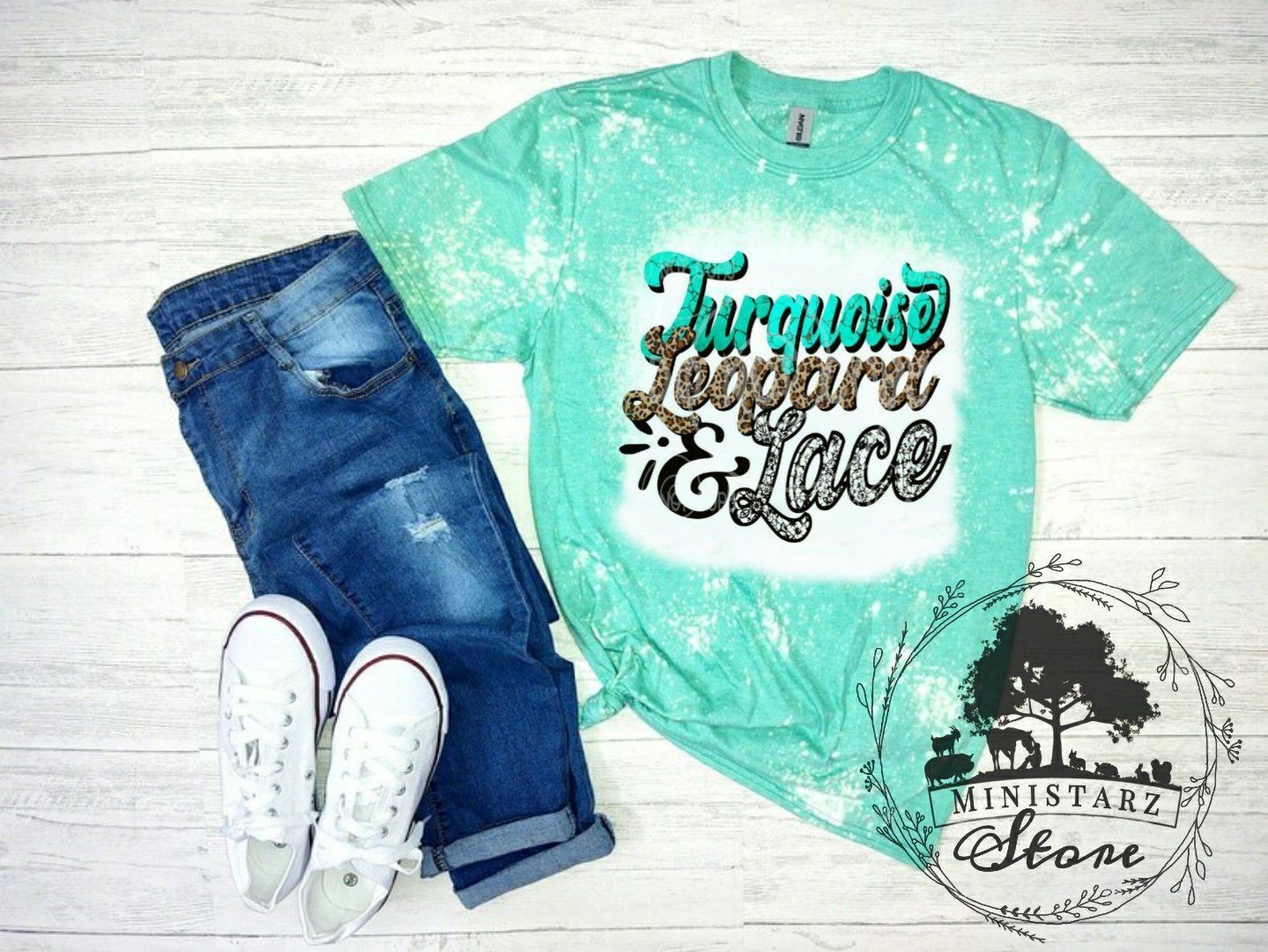 Turquoise Leopard & Lace Bleached Tee