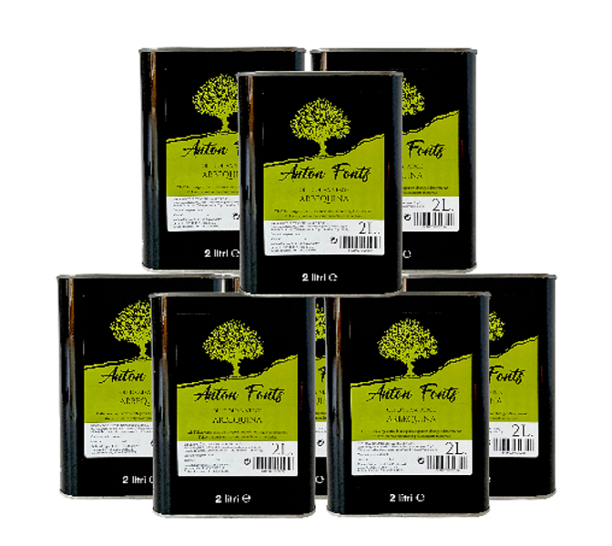 Pack de 8 llaunes de 2 litres d'oli d'oliva arbequina verge extra