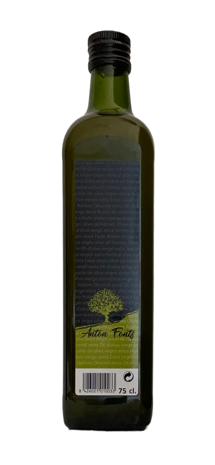 Botella de vidrio de 75 cl. de aceite de oliva arbequina virgen extra