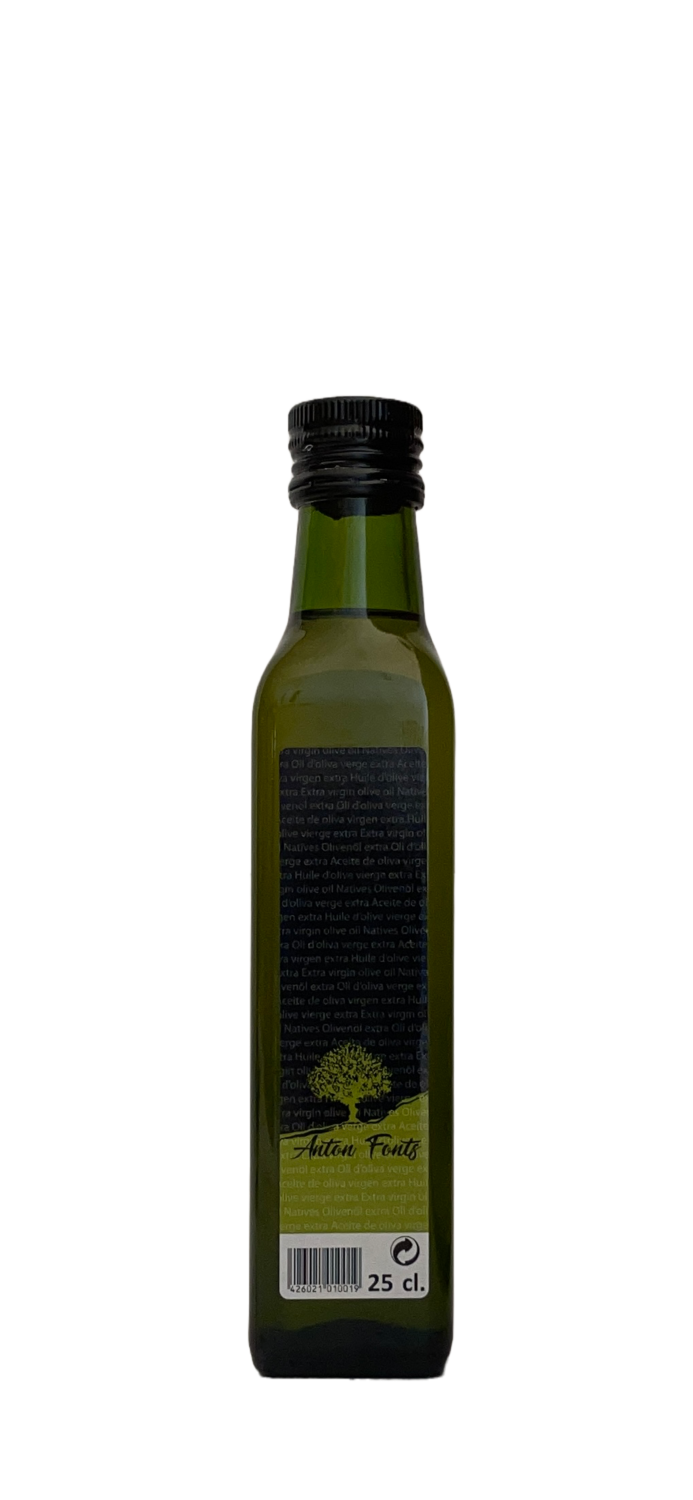 Ampolla de vidre de 25 cl. d'oli d'oliva arbequina verge extra