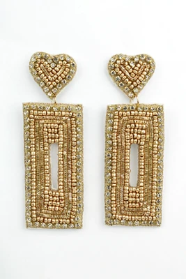 Gold Heart Rectangle Beadwork Earrings