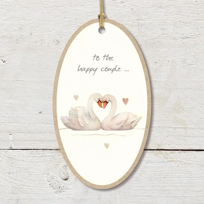 "To The Happy Couple" - Wood Plaque Featuring Swan and Hearts