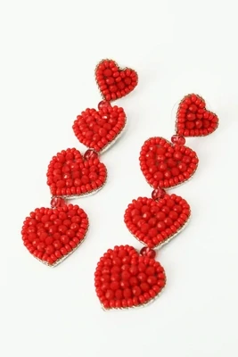Cherry Red Beaded Heart Earrings