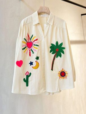 Aline - blouse geel streep borduur