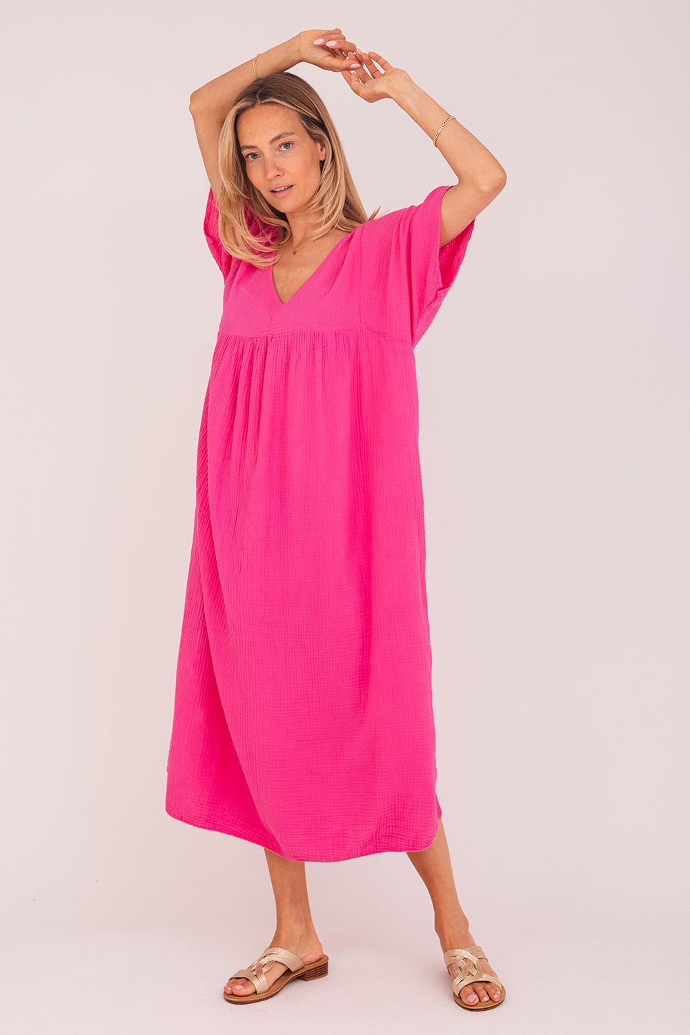 Aline - jurk wafel v-hals fuchsia