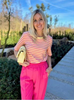 Aline - korte mouw streep top yellow met roze