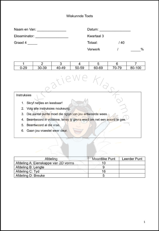 Wiskunde Graad 4 Kwartaal 3 Toets