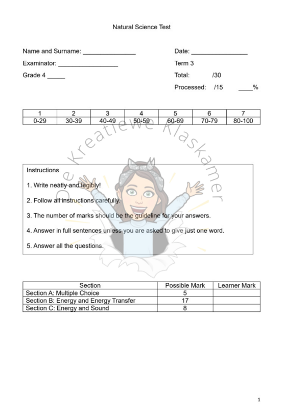 Natural Science Grade 4 Term 3 Test