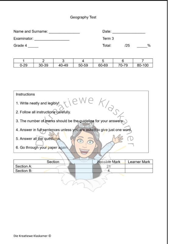 Geography Grade 4 Term 3 Test