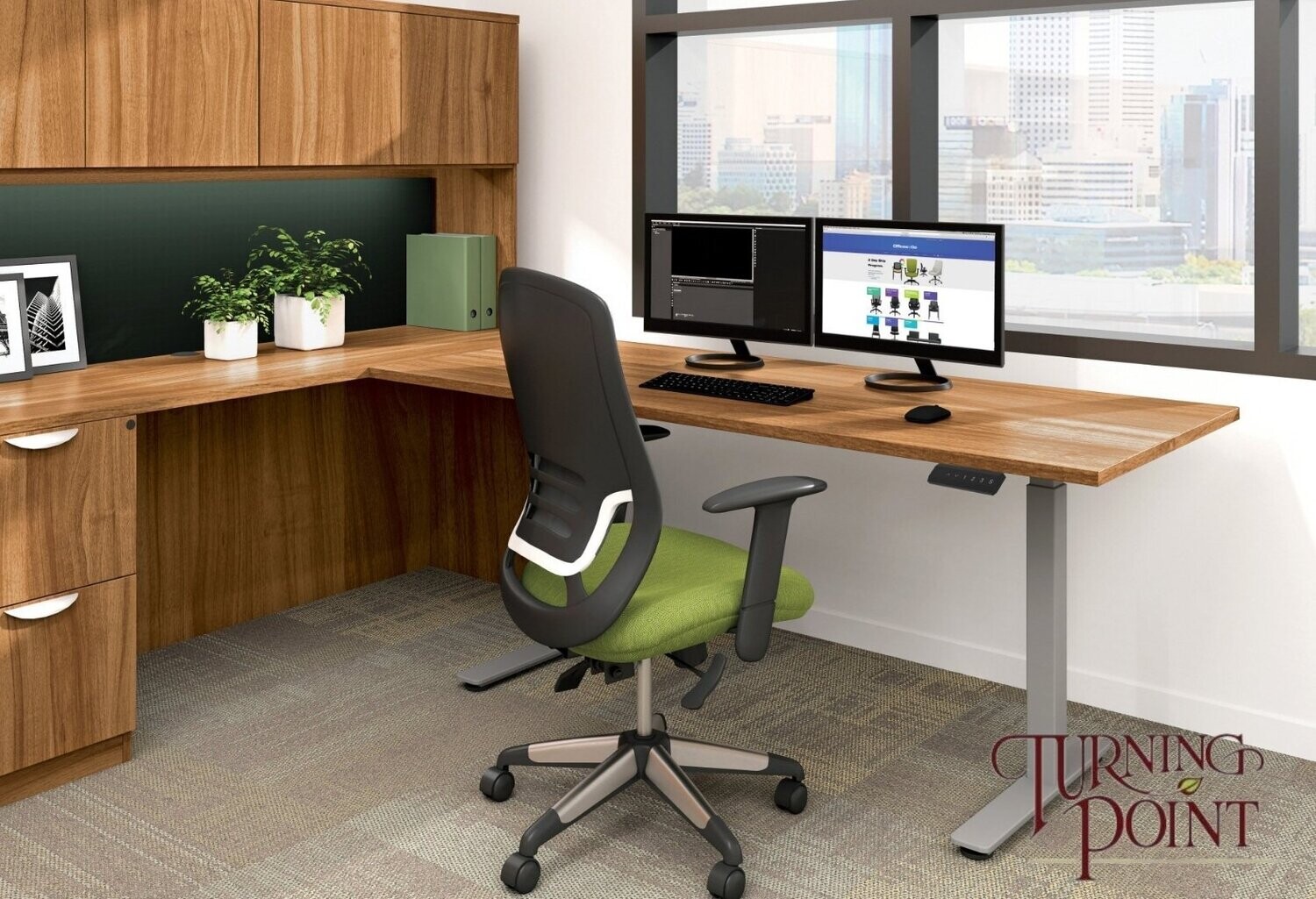 Height Adjustable Electric Table and Storage Credenza with Hutch and Doors