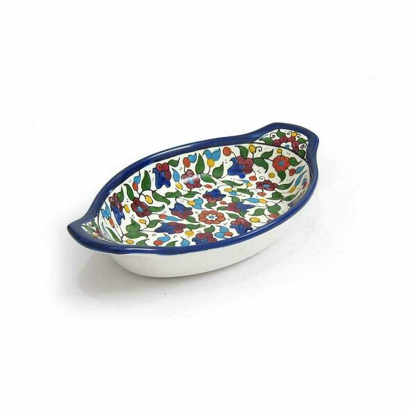 Oval deep serving handmade ceramic bowl Multi-color Floral