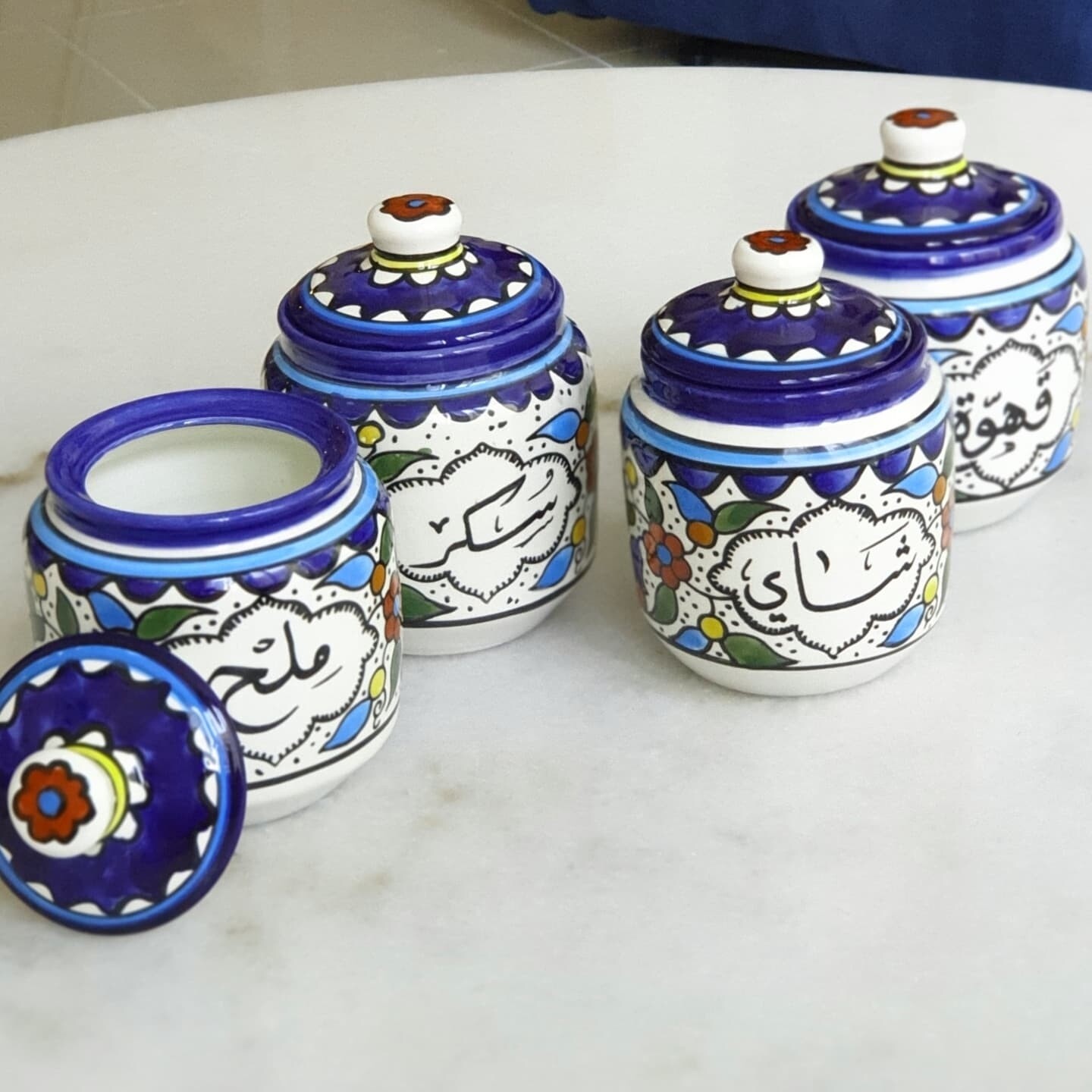 Hand-painted Ceramic Jar with lid set for coffee, tea, sugar and salt