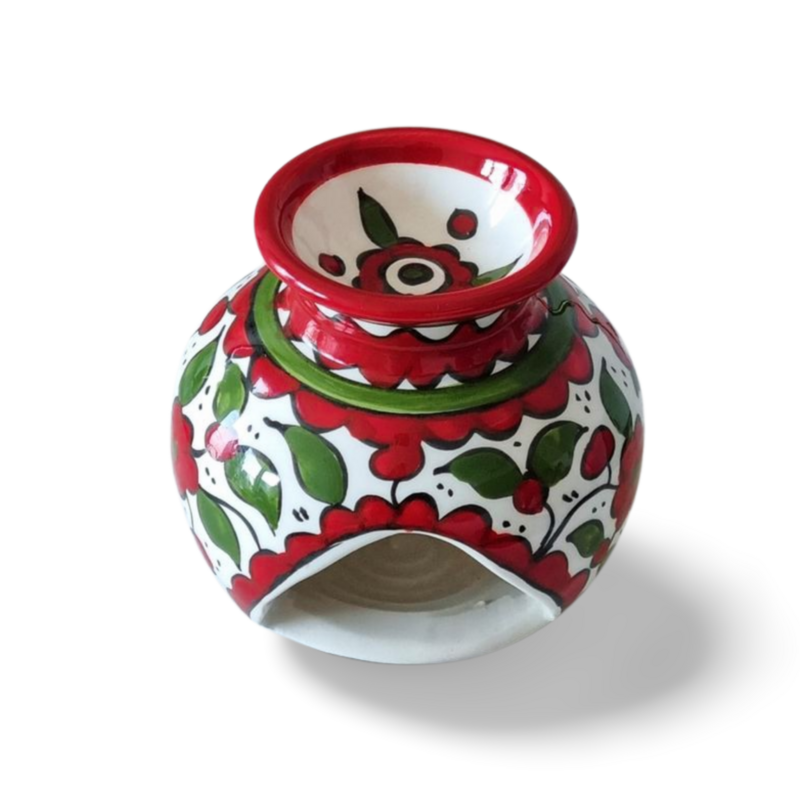 Ceramic Oil Burner Hand Painted Floral (Oil Burner) Red and Green