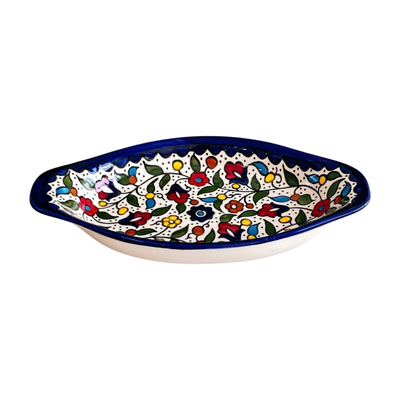 Oval deep serving handmade ceramic bowl Multi-color Floral