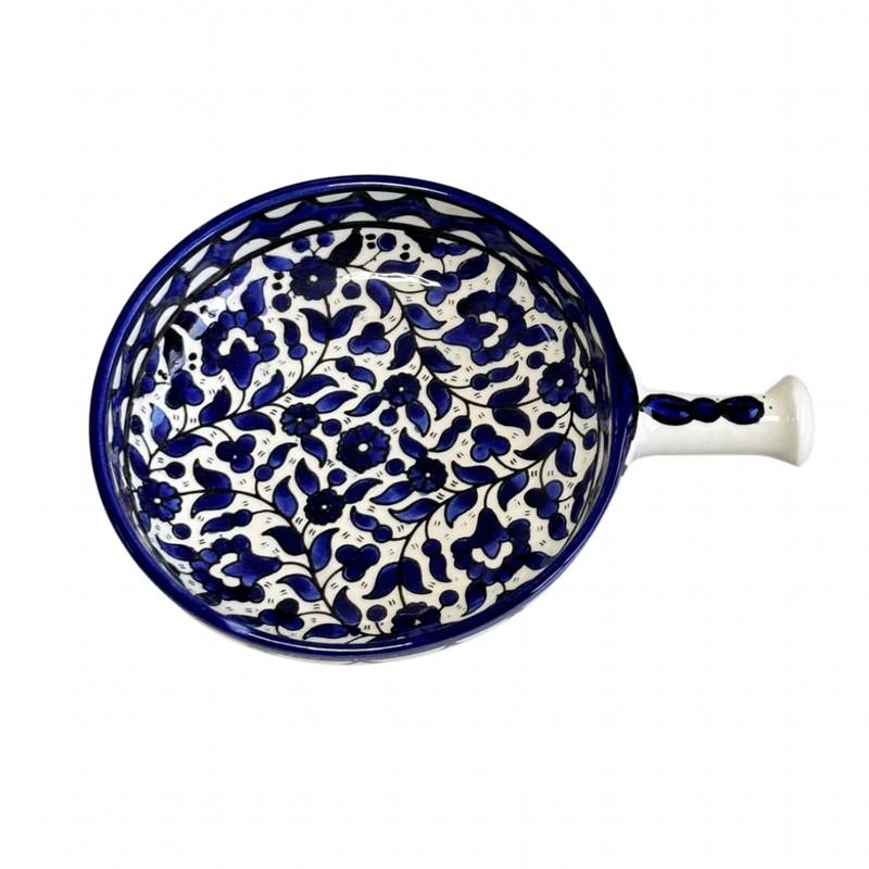 Floral Blue and White handmade serving bowl with handle