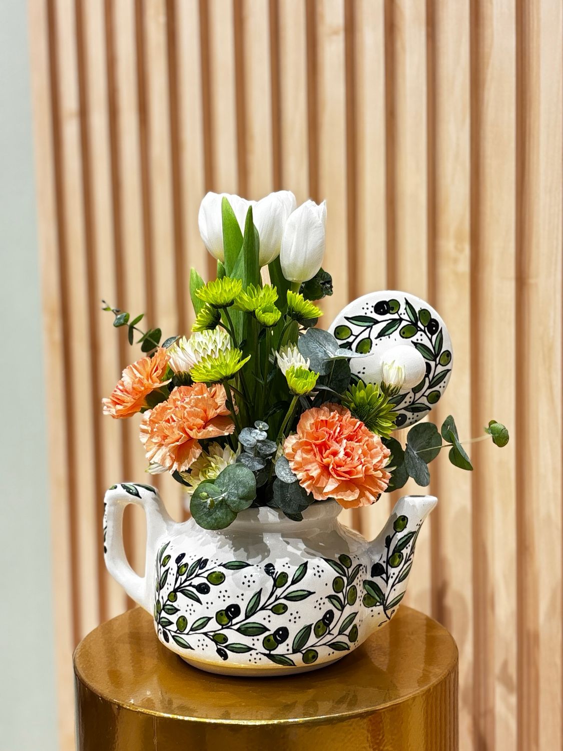 Flower Arrangement with Ceramic Tea Pot Olive Pattern
