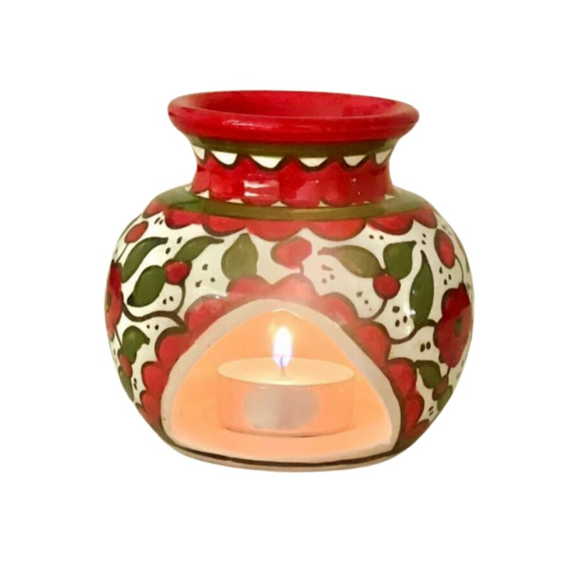 Ceramic Oil Burner Hand Painted Floral (Oil Burner) Red and Green