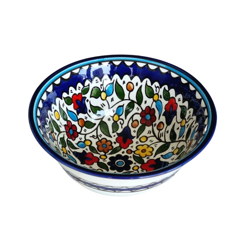 Palestinian Ceramic Salad Bowl – Multi-colour Floral, Large 25 cm, Hand-painted