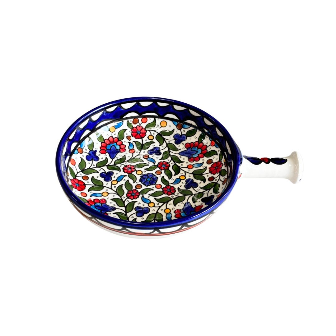 Palestinian Ceramic Serving Bowl with Handle – Floral, Hand-painted