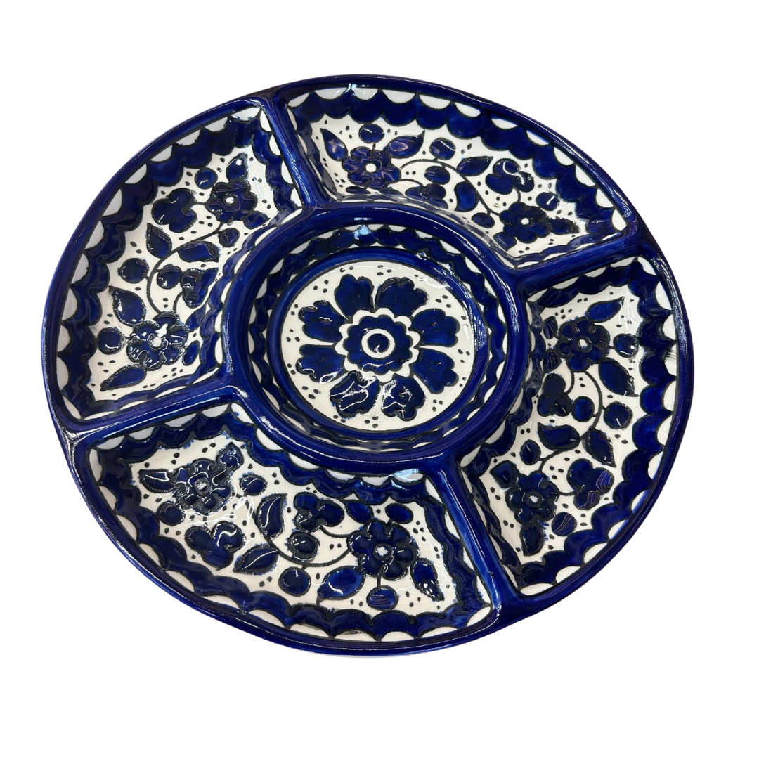 Large Serving Party Platter 5 sections Blue and White