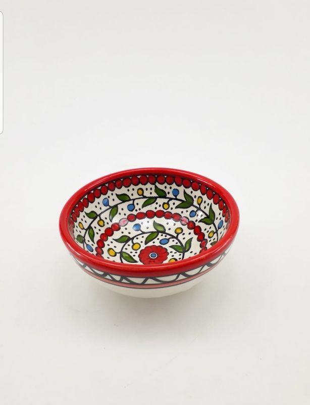 Palestinian Ceramic Deep Bowl – Red, 12 cm, Hand-painted