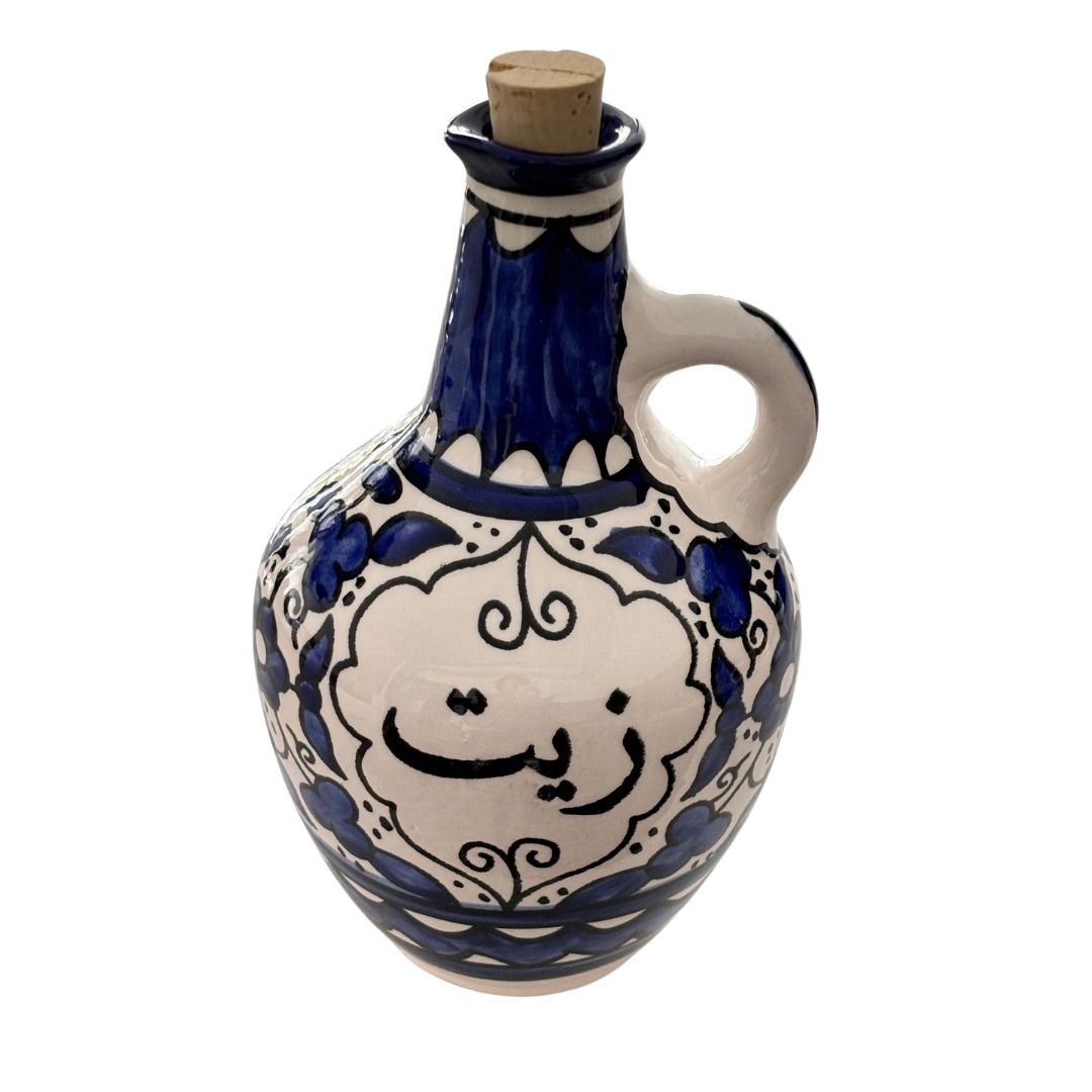Palestinian Ceramic Oil Jug with Cork Stopper – Blue &amp; White, Hand-painted